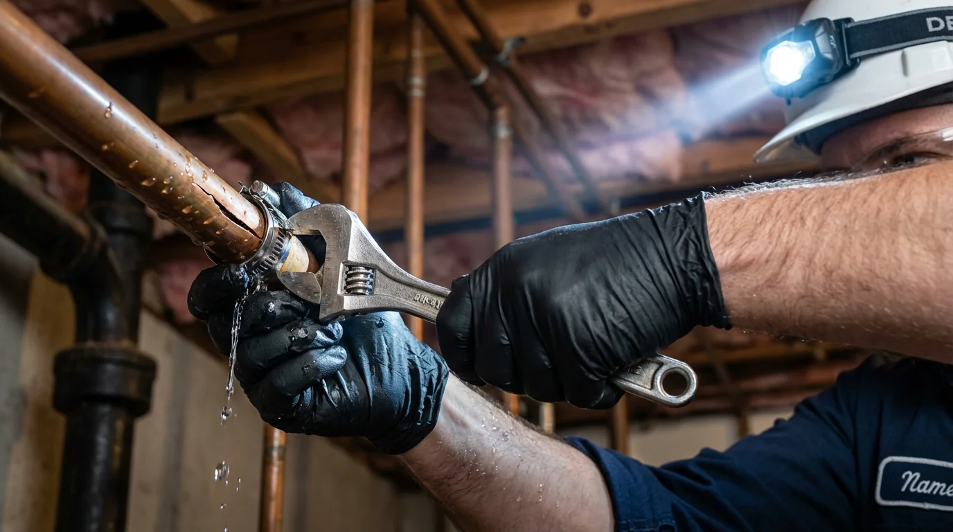 Emergency pipe clamp repair being performed by a Johns Plumbing LLC plumber in Saint Albans