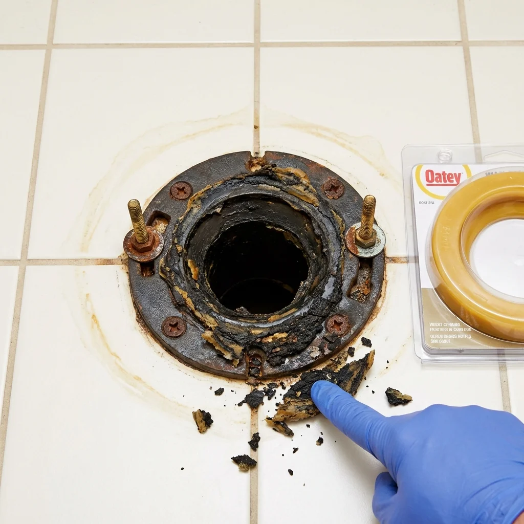 Failed wax ring showing water seepage at the base of a toilet in a Saint Albans, ME home