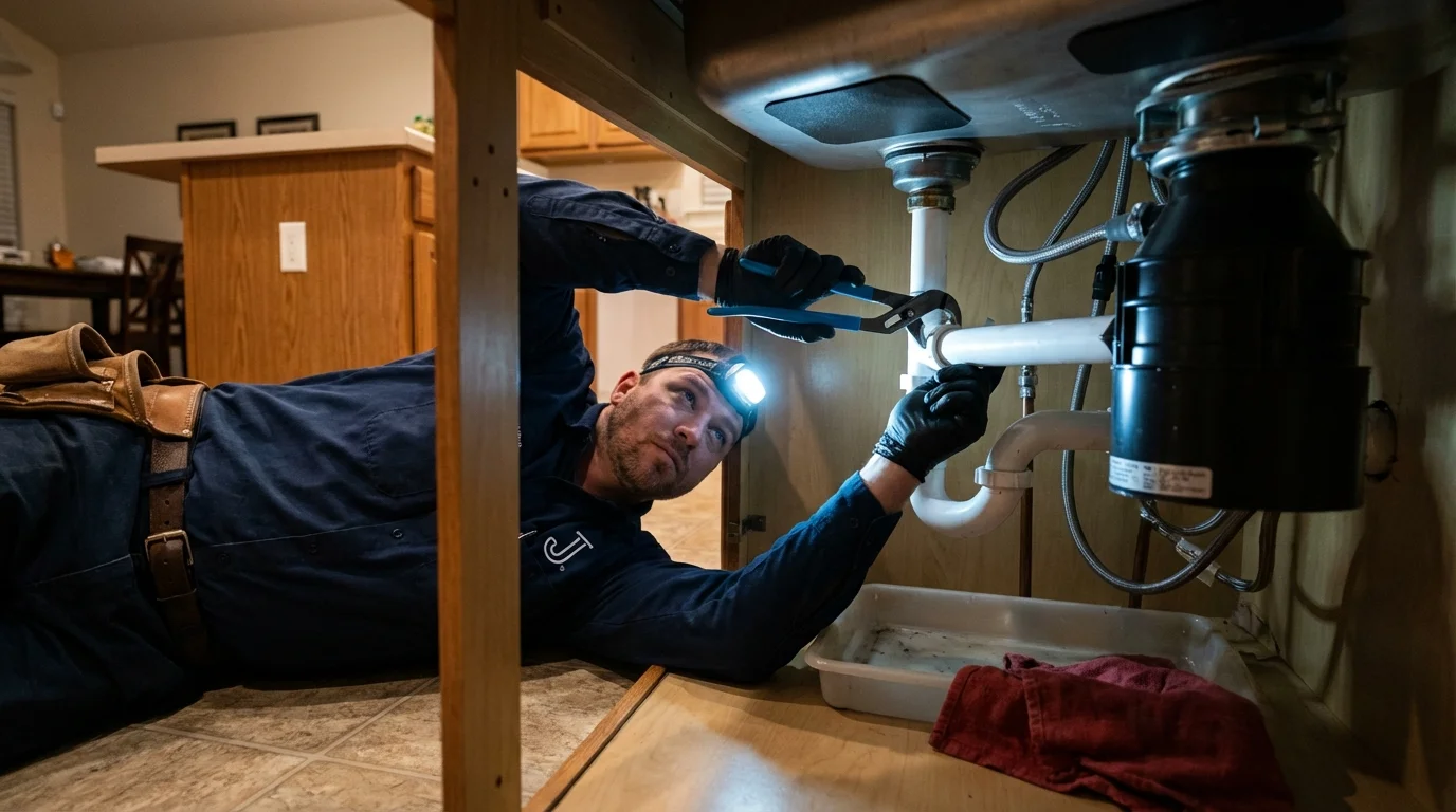 P-trap and supply line connections under a kitchen sink showing a common leak point in Saint Albans, ME